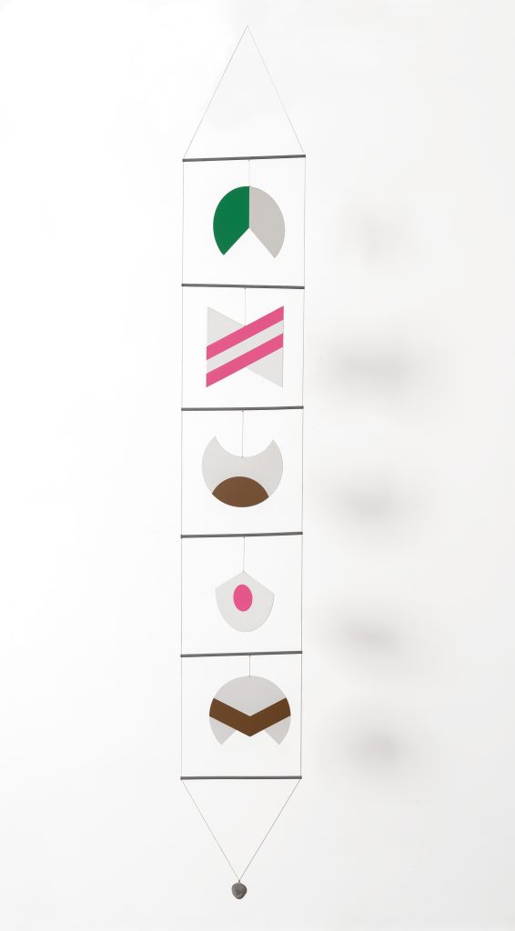 <i>Macchina Inutile</i>, 1934-83</br>
varnished and silkscreen printed birch plywood, cord and stone</br>
253 x 31 cm / 99.6 x 12.2 in>