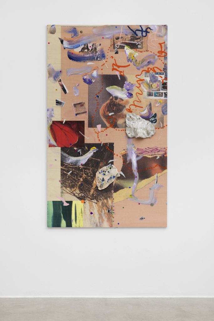 <i>Safe Space for a passing history-Ere du Verseau 999 #3 (Short stories)</i>, 2024-2025 </br>
plywood, UV print, collage, painting, oil pastel, precious stones, ceramic, coins, more significant objects</br>153 x 90 cm / 60.2 x 35.4 in