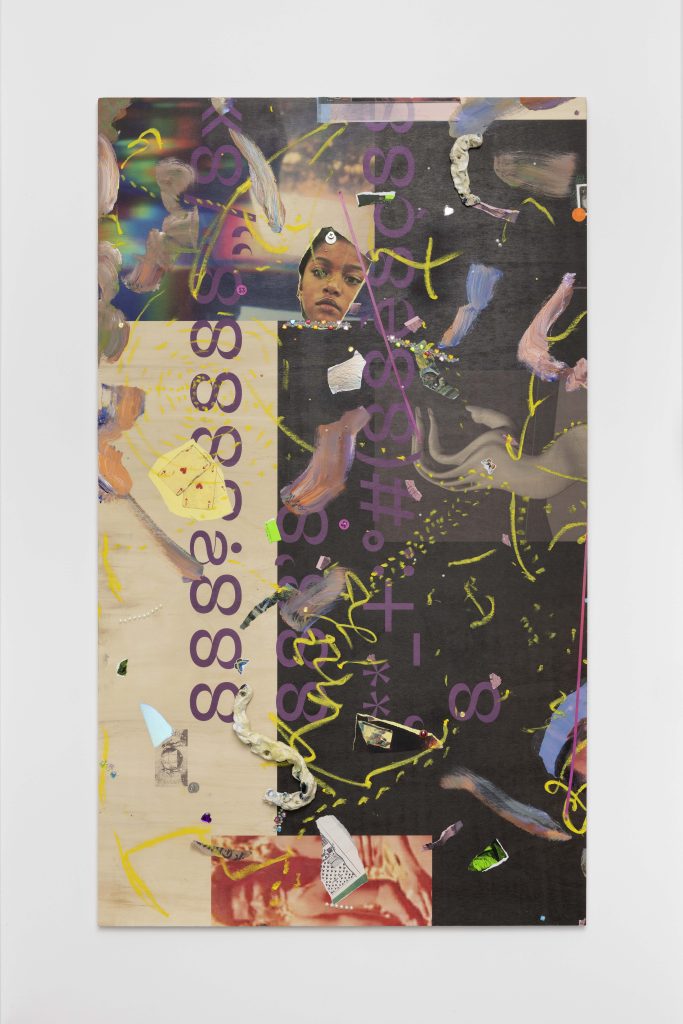 <i>Safe Space for a passing history-Ere du Verseau 999 #1(Short stories)</i>, 2024-2025 </br>
plywood, UV print, collage, painting, oil pastel, precious stones, ceramic, coins, more significant objects</br>153 x 90 cm / 60.2 x 35.4 in