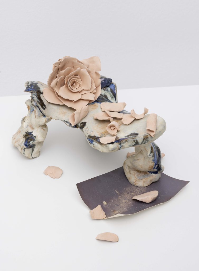 <i>Boudoir - Falls Petals</i>, 2025</br>
glazed ceramic, film with the presence of salt, ceramic rose, ceramic rose petals</br>11 x 20 x 15 cm / 4.3 x 7.9 x 5.9 in