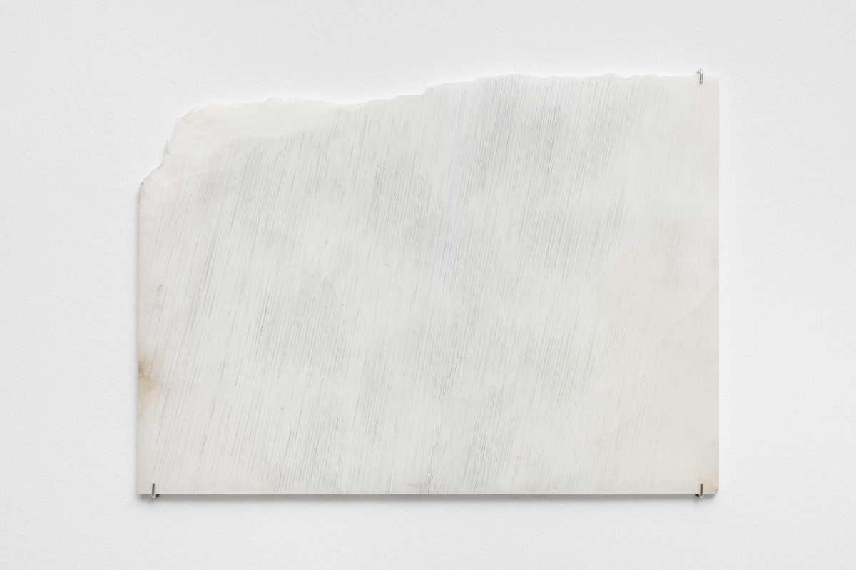 <i>Prima pioggia [First rain]</I>, 2026</br> graphite on white alabaster</br>
29 x 40 x 1 cm / 11.5 x 15.7 x 0.5 in