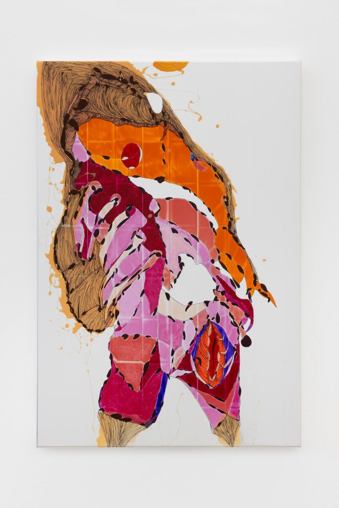 <i>Put your finger in my ribs</i>, 2026</br>
acrylic and markers on AdE-Silk (isothermal rescue blankets mounted on silk)</br>
91 x 63 x 4,5 cm / 35.8 x 24.8 x 1.7 in