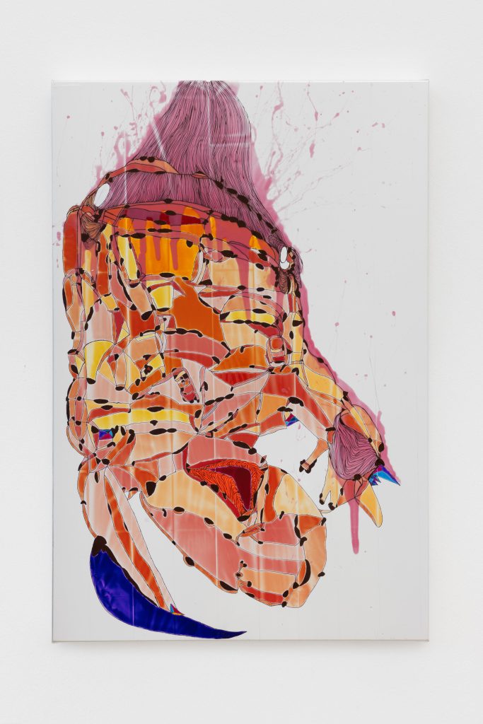 <i>Penguin Milking Gland</i>, 2026</br>
acrylic and markers on AdE-Silk (isothermal rescue blankets mounted on silk)</br>
92 x 61 x 4,5 cm / 36.2 x 24 x 1.7 in
