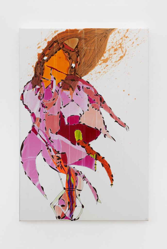 <i>Surgery Gender Affirmation Operationing</i>, 2026</br>
acrylic, marker, tape, isothermal rescue blankets</br>
92 x 61 x 4,5 cm / 36.2 x 24 x 1.7 in