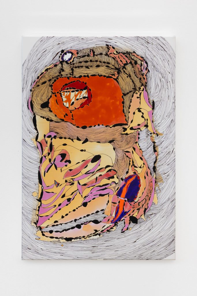 <i>All Yours</i>, 2026</br>
acrylic and markers on AdE-Silk (isothermal rescue blankets mounted on silk)</br>
91 x 63 x 4,5 cm / 35.8 x 24.8 x 1.7 in