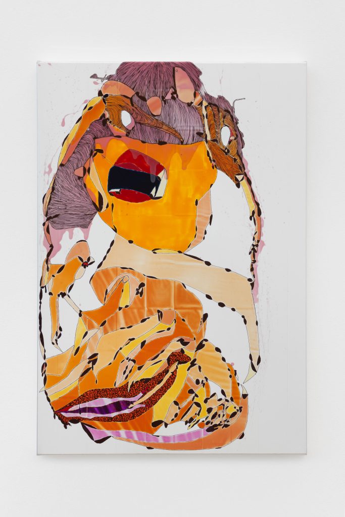<i>I melt with desire</i>, 2026</br>
acrylic and markers on AdE-Silk (isothermal rescue blankets mounted on silk)</br>
91 x 63 x 4,5 cm / 35.8 x 24.8 x 1.7 in