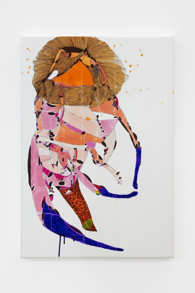 <i>I fuck you till you love me</i>, 2026</br>
acrylic and markers on AdE-Silk (isothermal rescue blankets mounted on silk)</br>
91 x 63 x 4,5 cm / 35.8 x 24.8 x 1.7 in