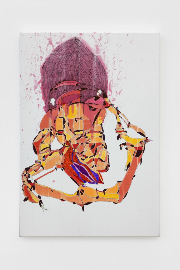 <i>Amikiri spreading for birth</i>, 2026</br>
acrylic and markers on AdE-Silk (isothermal rescue blankets mounted on silk)</br>
91 x 63 x 4,5 cm / 35.8 x 24.8 x 1.7 in