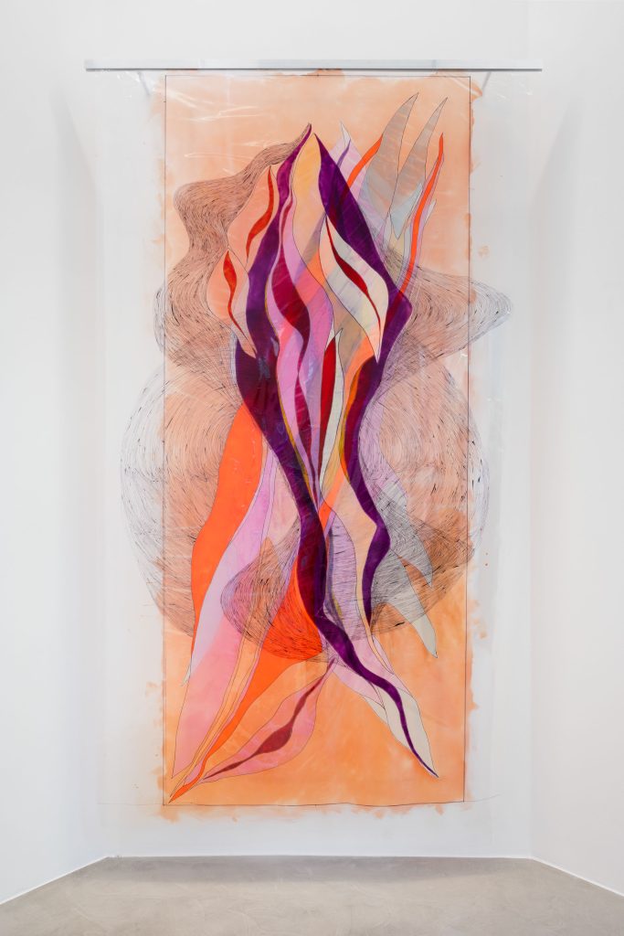 <i>Glowing Vulvae</i>, 2026</br>
acrylic and markers on 3 different layers of transparent Melinex</br>
300 x 120 cm / 118.1 x 47.2 in