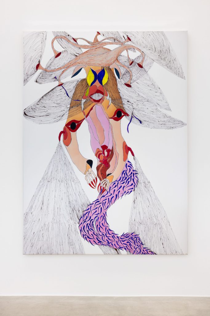 <i>Melusine Blow Up Doll</i>, 2026</br>
acrylic and markers on AdE-Silk (isothermal rescue blankets mounted on silk)</br>
210 x 159 x 4 cm / 82.7 x 62.6 x 1.6 in