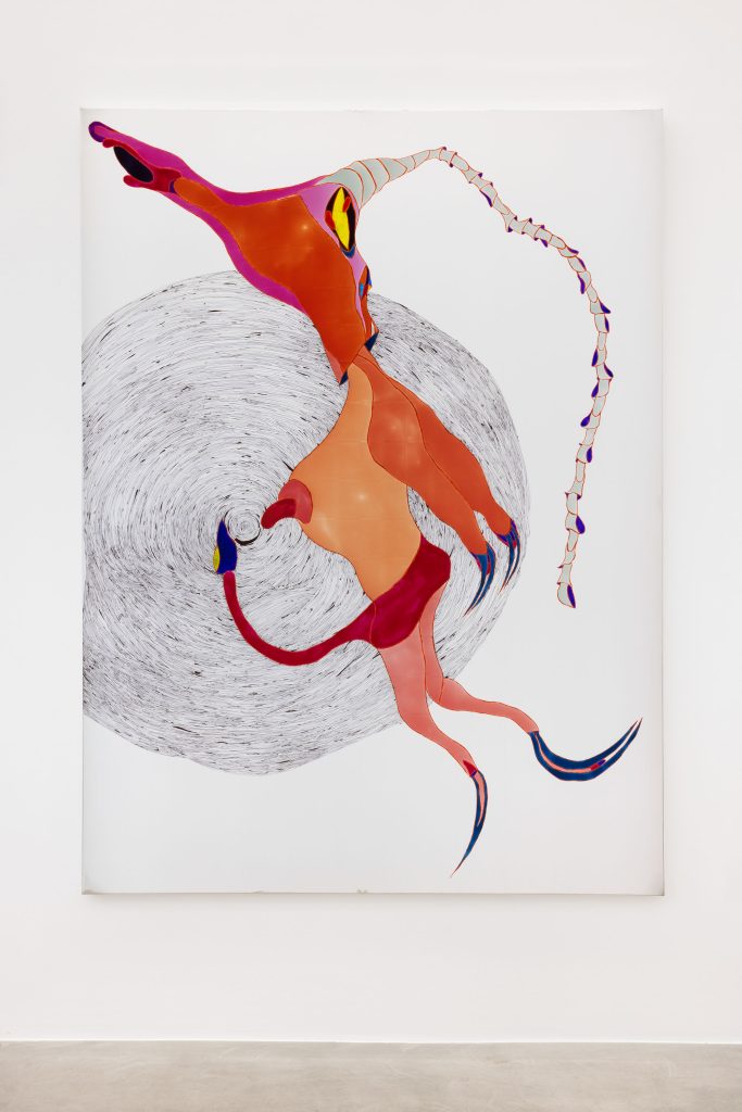<i>Pegging Gimp Girl</i>, 2026</br>
acrylic and markers on AdE-Silk (isothermal rescue blankets mounted on silk)</br>
210 x 159 x 4 cm / 82.7 x 62.6 x 1.6 in