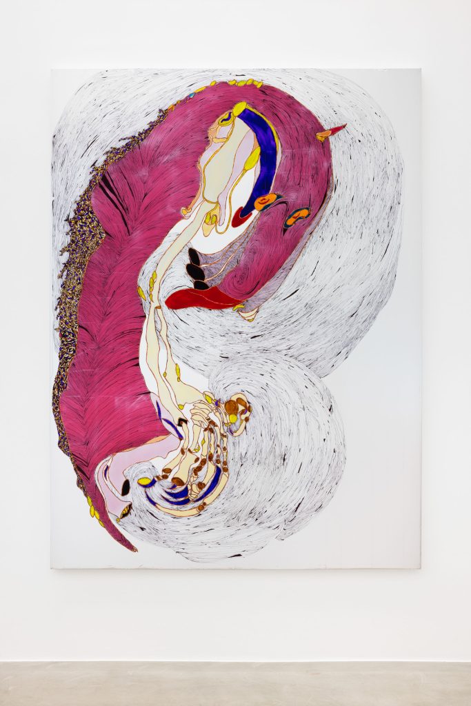 <i>Urechis Ero-Thanatos</i>, 2025</br>
acrylic and markers on AdE-Silk (isothermal rescue blankets mounted on silk)</br>
210 x 160 cm / 82.7 x 63 in