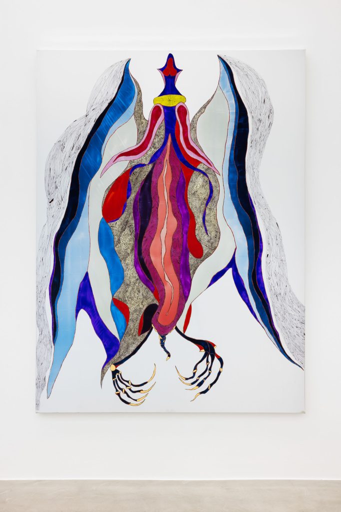 <i>Countess BatHorny</i>, 2026</br>
acrylic and markers on AdE-Silk (isothermal rescue blankets mounted on silk)</br>
210 x 159 x 4 cm / 82.7 x 62.6 x 1.6 in