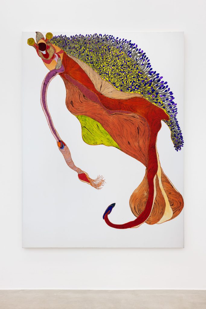 <i>Priapo Orchitico Capezzoluto</i>, 2026</br>
acrylic and markers on AdE-Silk (isothermal rescue blankets mounted on silk)</br>
210 x 158 x 4,5 cm / 82.6 x 62.2 x 1.7 in