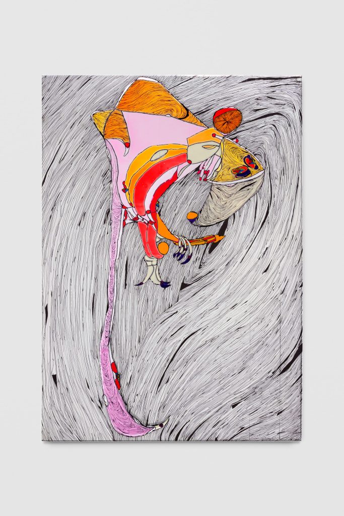 <i>Hephaestus has lost control</i>, 2025</br>
acrylic and markers on isothermal rescue blankets mounted on silk</br>
95 x 68 cm / 37.5 x 26.7 in>