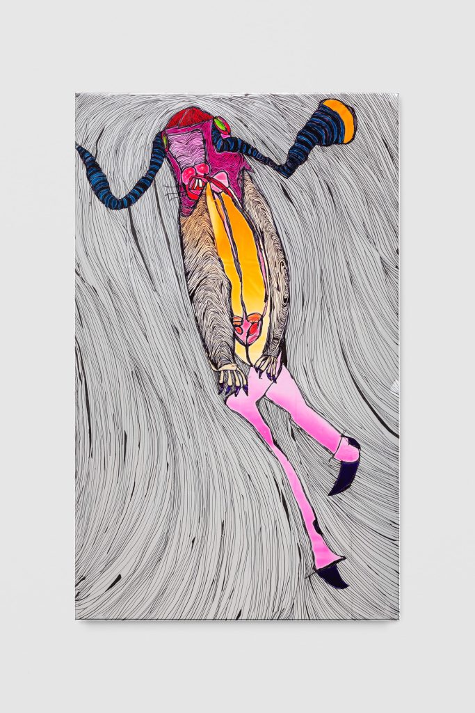 <i>Sexy Aphrodite</i>, 2025</br>
acrylic and markers on isothermal rescue blankets mounted on silk</br>
76 x 50 cm / 30 x 19.6 in>