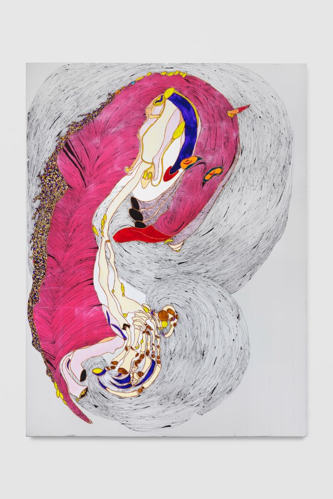 <i>Urechis Ero-Thanatos</i>, 2025 </br>
acrylic and markers on isothermal rescue blankets mounted on silk</br>
210 x 160 cm / 82.7 x 63 in>