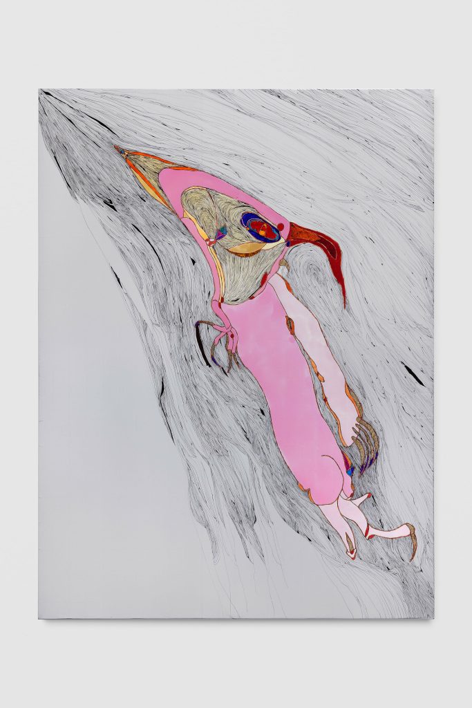 <i>Porno Amorino Anubico</i>, 2025 </br>
acrylic and markers on isothermal rescue blankets mounted on silk</br>
210 x 160 cm / 82.7 x 63 in>
