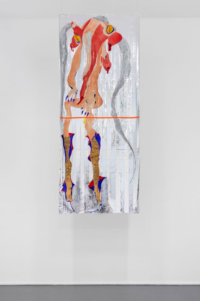 <i>Hyper Sexy Aphrodite</i>, 2025</br>
acrylic, marker, tape, isothermal rescue blankets</br>
400 x 160 cm / 157.5 x 63 in>