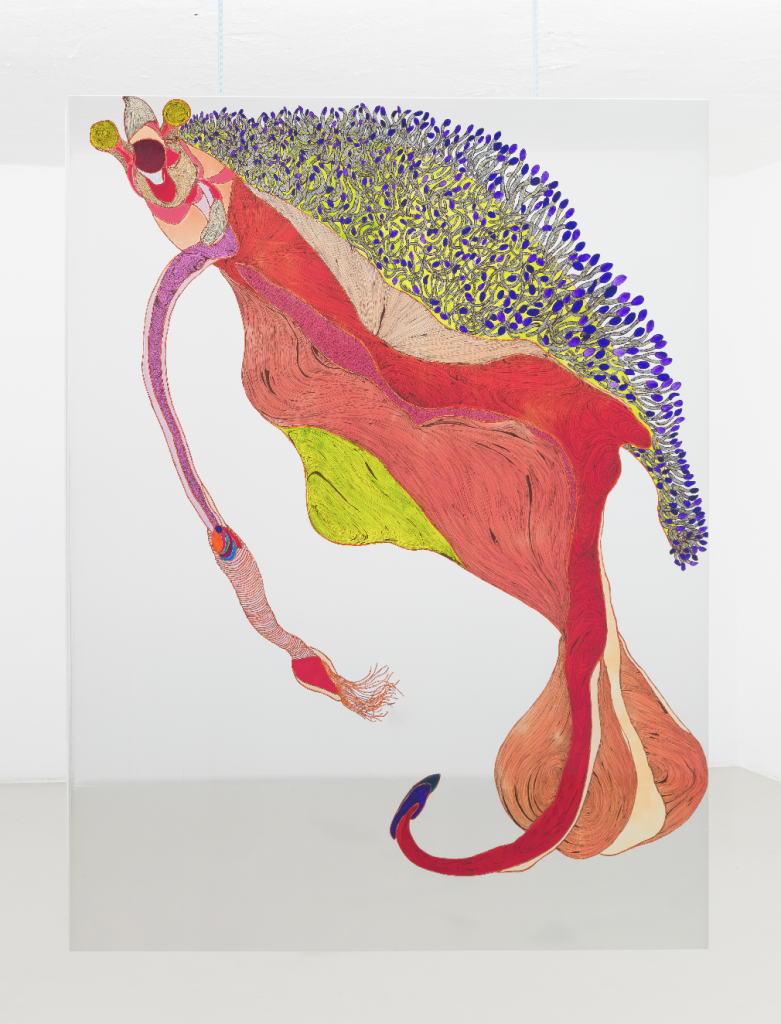 <i>Priapo Orchitico Capezzoluto</i>, 2026</br>
acrylic and markers on AdE-Silk (isothermal rescue blankets mounted on silk)</br>
210 x 158 x 4,5 cm / 82.6 x 62.2 x 1.7 in>