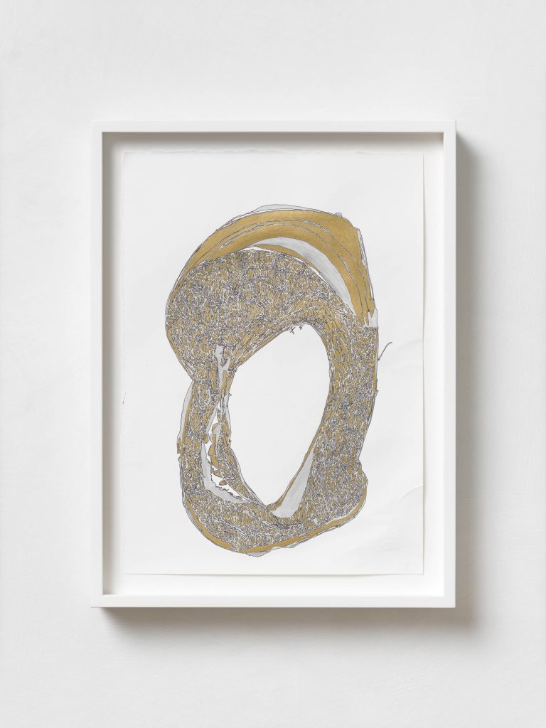 <i>Cellula Oracolare, #051</i>, 2020</br>
drawing, gold ink, black pigment marker on paper</br>
40 x 30 x 4 cm / 15.7 x 11.8 x 1.5 in>