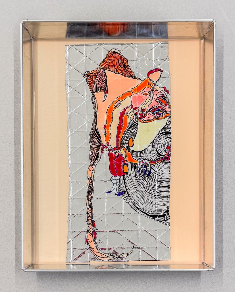 <i>Hephaestus Has Lost Control Lab 02</i>, 2025 </br>
acrylic and marker on AdE-Sail 01 (isothermal rescue blankets, carbon fiber), acrylic and steel</br>
30 x 23 cm / 11.8 x 9 in>