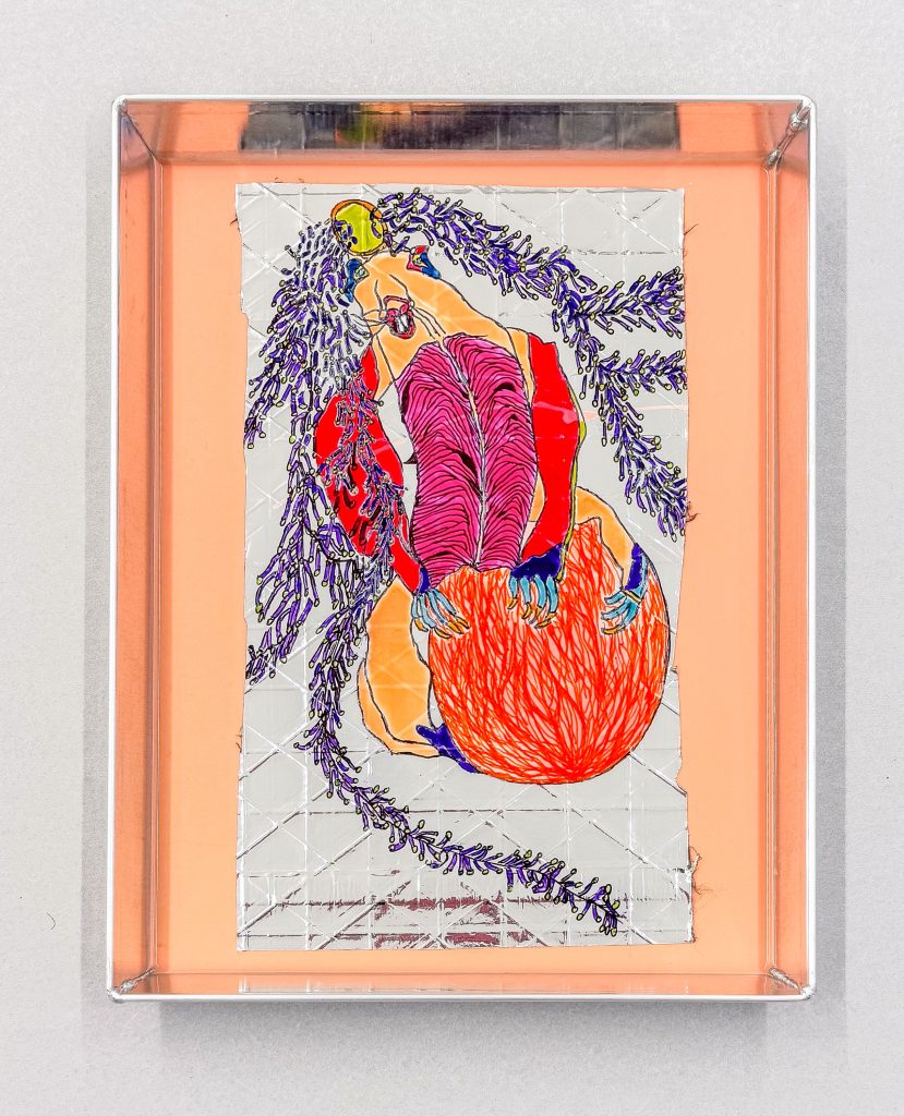 <i>Instersexual Shamanessan Lab 01</i>, 2025 </br>
acrylic and marker on AdE-Sail 01 (isothermal rescue blankets, carbon fiber), acrylic and steel</br>
30 x 23 cm / 11.8 x 9 in>