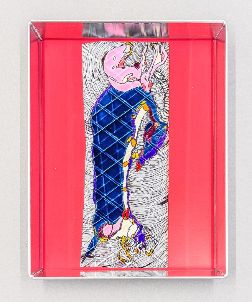 <i>L'ottava moglie di Barbablù Lab 03</i>, 2025 </br>
acrylic and marker on AdE-Sail 02 (isothermal rescue blankets, carbon fiber, polyester, mylar), acrylic and steel</br>
30 x 23 cm / 11.8 x 9 in>
