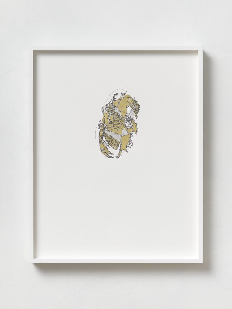 <i>Zecche Sante 03</i>, 2020</br>
pencil, gold ink, black pigment marker on Canson cardboard, matt white wooden frame</br>
50 x 40 cm / 19.6 x 15.7 in>
