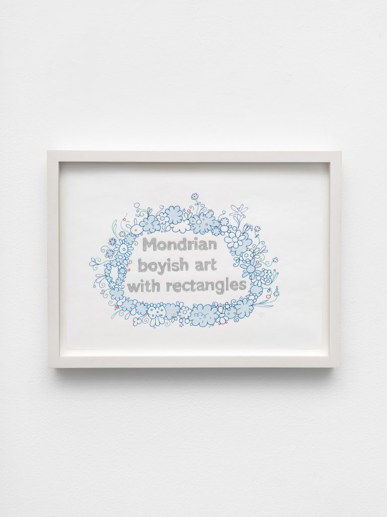 <i>Cherchez le garçon</i>, 2026</br>
color pencil and pen on paper</br>
4 x 4,7 x 0,6 cm / 10 x 12 x 1.5 in